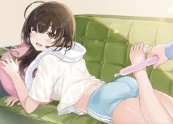 Rule 34 | &quot;rouhou&quot; ore no iinazuke ni natta jimiko ie dewa kawaii shikanai., 1boy, 1girl, ;d, ahoge, ass, barefoot, blue shorts, blush, brown eyes, brown hair, couch, feet, foot up, highres, holding, indoors, long hair, looking at viewer, lying, midriff, novel illustration, official art, offscreen person, on couch, on stomach, one eye closed, open mouth, phone, pillow, shirt, short shorts, short sleeves, shorts, smile, solo focus, sweatdrop, tan (tangent), textless version, toes, towel, towel around neck, tupet, watanae yuuka, white shirt