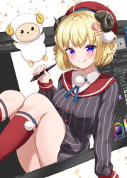 Rule 34 | 1girl, absurdres, blonde hair, blush, closed jacket, drawing tablet, hair ornament, hair rings, hairclip, hat, highres, holding, holding stylus, hololive, indie virtual youtuber, jacket, long sleeves, looking at viewer, pinstripe jacket, pinstripe pattern, pinstripe skirt, pom pom (clothes), pom pom hair ornament, purple eyes, red hat, red sailor collar, red socks, rinkaa (lovelive765pro2), sailor collar, shigure ui (vtuber), shigure ui (vtuber) (1st costume), shirt, short hair, skirt, smile, socks, solo, striped clothes, striped jacket, striped skirt, stylus, tongue, tongue out, tsunomaki watame, vertical-striped clothes, vertical-striped jacket, vertical-striped skirt, virtual youtuber