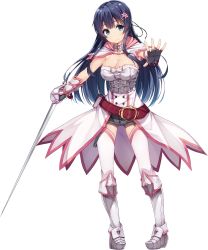 Rule 34 | 1girl, absurdres, belt, belt pouch, black hair, blue eyes, boots, brave girl ravens, breasts, capelet, cleavage, fingerless gloves, full body, gloves, hair ornament, highres, kotone (brave girl ravens), kotone asagiri, long hair, medium breasts, outstretched hand, rapier, siva (executor), skirt, smile, solo, sword, weapon, white footwear, white legwear