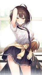 Rule 34 | 1girl, ahoge, alternate costume, azur lane, ball, baltimore (after-school ace) (azur lane), baltimore (azur lane), basketball, basketball (object), black necktie, black skirt, blush, bra, bra visible through clothes, braid, breasts, brown hair, chair, choker, classroom, cleavage, clothes around waist, collarbone, collared shirt, cowboy shot, day, desk, grin, holding, holding ball, indoors, large breasts, looking at viewer, necktie, pleated skirt, school uniform, see-through, senji (tegone spike), shirt, short hair, short sleeves, skirt, smile, solo, standing, sweat, underwear, white shirt, window, yellow eyes