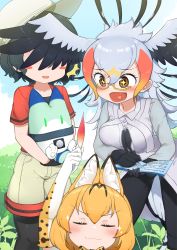 Rule 34 | + +, 3girls, :3, afterimage, animal ears, beige shorts, bird girl, bird tail, bird wings, black gloves, black hair, black legwear, black pants, blue eyes, blush, blush stickers, book, bow, bowtie, brown eyes, cat ears, cat girl, chis (js60216), coat, commentary request, excited, closed eyes, gloves, grey hair, hair between eyes, head wings, heart, heart in mouth, helmet, highres, kaban (kemono friends), kemono friends, long coat, long hair, looking at another, lucky beast (kemono friends), motion blur, multicolored hair, multiple girls, pants, pantyhose, pith helmet, print neckwear, quill, red hair, red shirt, secretarybird (kemono friends), semi-rimless eyewear, serval (kemono friends), serval print, shirt, short hair, short sleeves, smile, smug, sparkle, t-shirt, tail, white coat, wings, writing