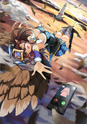 Rule 34 | ..., 1girl, absurdres, bare shoulders, bird, black footwear, blue skirt, blush, boots, breasts, brown eyes, brown hair, brown wings, cellphone, cloud, english text, feathers, flying, from above, from behind, full body, hair between eyes, highres, horns, large breasts, lighthouse, open mouth, original, outdoors, phone, plaid, plaid skirt, qihai lunpo, reaching, reaching towards viewer, shirt, skirt, sky, sleeveless, sleeveless shirt, smartphone, solo, spoken ellipsis, sun, sunlight, sunrise, sunset, thigh boots, thighhighs, upside-down, water, wings