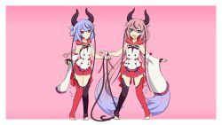 Rule 34 | 2others, absurdres, asymmetrical legwear, asymmetrical sleeves, blue eyes, blue hair, commission, dress, eyebrows, feet, highres, horns, meika hime, meika mikoto, multicolored hair, multiple others, onlysupport, open mouth, pink eyes, pink hair, ribbon, short hair, simple background, skirt, thighhighs, thighs, toes, vocaloid
