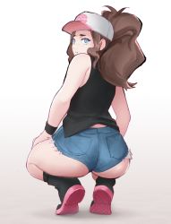 Rule 34 | 1girl, ass, bare arms, bare legs, bare shoulders, baseball cap, black vest, blue eyes, boots, brown hair, creatures (company), cutoffs, denim, denim shorts, exposed pocket, from behind, full body, game freak, hat, high ponytail, hilda (pokemon), long hair, looking at viewer, looking back, nintendo, pocket, pokemon, pokemon bw, shoe soles, short shorts, shorts, sidelocks, skindentation, solo, squatting, tenguro, vest, wristband