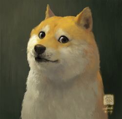 Rule 34 | animal, animal ears, animal focus, body fur, brown eyes, closed mouth, commentary, dated, dog, doge, english commentary, green background, highres, kabosu (dog), kan liu (666k), looking at viewer, no humans, portrait, real life, realistic, revision, shiba inu, signature, simple background, smile, solo, upper body, watermark, whiskers