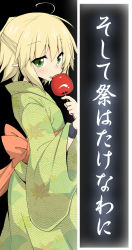 Rule 34 | 1girl, ahoge, alternate costume, blonde hair, blush, bow, candy apple, commentary request, cowboy shot, eyes visible through hair, food, green eyes, green kimono, hair between eyes, half updo, highres, japanese clothes, kimono, looking at viewer, mizuhashi parsee, open mouth, orange bow, pointy ears, sash, short hair, short ponytail, solo, suna (sunaipu), touhou, translation request