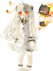 Rule 34 | 10s, 1girl, abyssal ship, ahoge, barefoot, colored skin, dress, full body, horns, kantai collection, long hair, looking at viewer, maria (maria0304), mittens, northern ocean princess, orange eyes, simple background, solo, white background, white dress, white hair, white skin