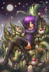 Rule 34 | 1girl, bare shoulders, black thighhighs, blue eyes, boots, breasts, cherry, chocolate syrup, cleavage, drill hair, emperpep, food, fruit, hair ornament, hair over one eye, highres, ice cream, long hair, off-shoulder, off-shoulder sweater, off shoulder, purple hair, solo, sprinkles, sweater, tentacles, thighhighs, zone-tan