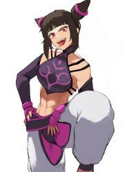 Rule 34 | 1girl, abs, baggy pants, belt, black hair, blunt bangs, chinese clothes, detached sleeves, drill hair, dudou, fangs, flasso, han juri, highres, looking at viewer, nail polish, open mouth, pants, purple eyes, short hair, solo, street fighter, street fighter iv (series), tongue, tongue out, white background, white pants