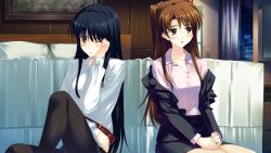 Rule 34 | 10s, 2girls, alcohol, bed, belt, black hair, blue eyes, blush, brown eyes, brown hair, clothes, collarbone, cup, female focus, game cg, hands on own face, long hair, multiple girls, nakamura takeshi, off shoulder, office lady, ogiso setsuna, one eye closed, open clothes, own hands together, pantyhose, sidelocks, touma kazusa, two side up, white album (series), white album 2, wince