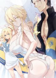 Rule 34 | 1boy, 3girls, agravain (fate), ahoge, artoria pendragon (all), artoria pendragon (fate), artoria pendragon (swimsuit ruler) (fate), artoria pendragon (swimsuit ruler) (second ascension) (fate), ass, bare shoulders, black hair, blonde hair, blue eyes, braid, breasts, cleavage, closed mouth, fate/grand order, fate (series), french braid, gareth (fate), green eyes, grey eyes, hair between eyes, hair flaps, highleg, highleg swimsuit, holding, holding surfboard, innertube, large breasts, long hair, looking at viewer, looking to the side, mature female, mordred (fate), mordred (fate) (all), mordred (fate/apocrypha), mordred (swimsuit rider) (fate), mordred (swimsuit rider) (second ascension) (fate), mother and daughter, multiple girls, nogi (acclima), one-piece swimsuit, open mouth, parasol, parted bangs, ponytail, prydwen (fate), sailor collar, shirt, short hair, sidelocks, smile, surfboard, swim ring, swimsuit, thighs, umbrella, white one-piece swimsuit, white shirt