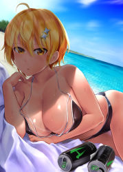 Rule 34 | 1girl, ahoge, beach, bikini, bikini tan, blonde hair, blue sky, blush, brand name imitation, breasts, can, cleavage, cloud, collarbone, commentary, day, dokyuu hentai hxeros, drink, hair ornament, halterneck, highres, hoshino kirara, large breasts, looking at viewer, loose clothes, lying, navel, ocean, on side, outdoors, parted lips, sand, short hair, skindentation, sky, solo, sunlight, sweat, swimsuit, tan, tanline, wa (genryusui), water, yellow eyes