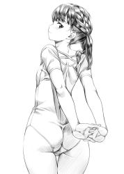 Rule 34 | 1girl, ass, blush, braid, cowboy shot, from behind, greyscale, highres, interlocked fingers, jpeg artifacts, leotard, looking back, md5 mismatch, monochrome, nagayori, original, resized, simple background, solo, stretching, twintails, white background