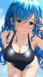 Rule 34 | 1girl, aigami shion, black one-piece swimsuit, blue eyes, blue hair, blurry, blush, breasts, commentary request, competition swimsuit, cowboy shot, depth of field, garter-velvet, highres, large breasts, leaning forward, long hair, looking at viewer, one-piece swimsuit, original, solo, swimsuit, wet, wet clothes, wet swimsuit