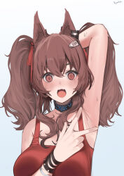 Rule 34 | 1girl, absurdres, angelina (arknights), angelina (summer flower) (arknights), animal ears, arknights, arm behind head, arm up, armpits, blue background, blush, bracelet, breasts, brown eyes, brown hair, casual one-piece swimsuit, collar, fourtwelve, fox ears, gradient background, highres, infection monitor (arknights), jewelry, long hair, looking at viewer, medium breasts, official alternate costume, one-piece swimsuit, open mouth, red one-piece swimsuit, sidelocks, solo, spread armpit, swimsuit, twintails, upper body