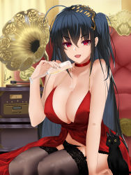 Rule 34 | 1girl, ahoge, azur lane, black hair, black panties, black thighhighs, breasts, champagne flute, cleavage, cup, dress, drinking glass, garter straps, hair between eyes, highres, large breasts, official alternate costume, panties, phonograph, pouring, pouring onto self, red dress, sitting, solo, taihou (azur lane), taihou (forbidden feast) (azur lane), thighhighs, underwear