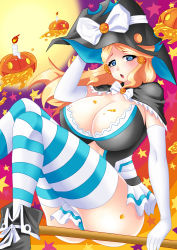 Rule 34 | 1girl, absurdres, blonde hair, blue eyes, breasts, cleavage, elbow gloves, gloves, haarmades, halloween, halloween costume, hat, highres, honey, huge breasts, long hair, looking at viewer, open mouth, original, pumpkin, solo, thighhighs, witch