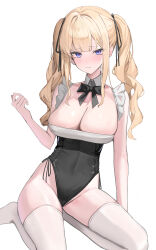 1girl absurdres black_leotard black_ribbon blonde_hair blue_eyes breasts cleavage closed_mouth covered_navel curled_fingers detached_collar frills hair_ribbon highleg highleg_leotard highres large_breasts leotard light_blush long_hair looking_at_viewer mole mole_under_eye neck_ribbon nephthys2356 original parted_bangs red_pupils ribbon sidelocks simple_background sitting sleeveless solo thighhighs thighs twintails white_background white_thighhighs