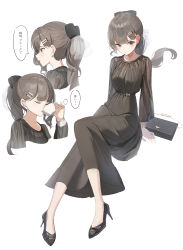 Rule 34 | 1girl, absurdres, bag, black bow, black footwear, bow, breasts, brown dress, brown eyes, brown hair, commentary request, cup, dress, hair bow, hair ornament, hairclip, handbag, high heels, highres, holding, holding cup, knee up, long sleeves, medium breasts, multiple views, original, ponytail, puffy long sleeves, puffy sleeves, shii (kairi-t-k0317), shoes, simple background, sitting, translation request, white background