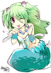 Rule 34 | 1girl, ;d, blush, clam, collarbone, green hair, hair ornament, heart, jewelry, kaisanbutsu, long hair, mermaid, monster girl, muromi-san, namiuchigiwa no muromi-san, navel, necklace, one eye closed, open mouth, red eyes, seashell, shell, smile, solo, two side up, very long hair, white background, wink