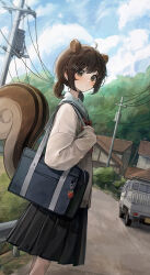 Rule 34 | 1girl, absurdres, ahoge, animal ears, bag, black skirt, blue bag, blue sky, blush, brown eyes, brown hair, commentary, cowboy shot, day, extra ears, hair ornament, hairclip, highres, long sleeves, looking at viewer, lunia, original, outdoors, pleated skirt, power lines, school uniform, shirt, short hair, short twintails, shoulder bag, skirt, sky, solo, squirrel ears, squirrel girl, squirrel tail, symbol-only commentary, tail, transformer, tree, twintails, utility pole, white shirt