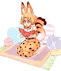 Rule 34 | 1girl, animal ears, blonde hair, bow, bowtie, eating, elbow gloves, food, fruit, gloves, holding, kemono friends, pillow, rtil, serval (kemono friends), serval print, serval tail, shirt, short hair, sitting, skirt, sleeveless, smile, solo, tail, traditional bowtie, wariza, watermelon