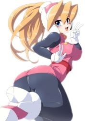 Rule 34 | 1girl, alternate breast size, ass, black pantyhose, blonde hair, blue eyes, blush, bodystocking, breasts, capcom, ciel (mega man), covered erect nipples, double v, female focus, from behind, gloves, hair between eyes, hand gesture, happy, headgear, high heels, high ponytail, kneeling, leaning forward, long hair, looking at viewer, looking back, mega man (series), mega man zero (series), miniskirt, open mouth, pantyhose, ponytail, semikichi, simple background, skin tight, skirt, smile, solo, v, white background, white gloves