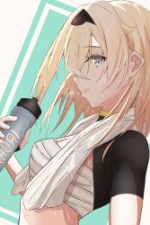 Rule 34 | 1girl, bandages, bernani, blonde hair, bottle, breath, clip studio paint (medium), from side, green eyes, hairband, highres, holding, holding bottle, hololive, kazama iroha, looking at viewer, looking to the side, messy hair, sarashi, short sleeves, smile, solo, sweat, towel, towel around neck, virtual youtuber, water bottle, wet, wet towel