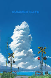 Rule 34 | absurdres, aki (aki k6), blue sky, cloud, commentary request, day, grass, highres, no humans, ocean, original, outdoors, railroad crossing, railroad signal, road sign, scenery, sign, signature, sky, summer