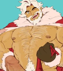 Rule 34 | 1boy, :d, abs, bara, bare pectorals, beard, chest hair, cookie run, eggnog cookie, erection, facial hair, hairy, highres, jacket, large pectorals, looking at viewer, male focus, male pubic hair, mature male, muscular, muscular male, navel hair, nipples, one eye closed, open clothes, open jacket, open mouth, pectorals, penis, piikeisandaa, pubic hair, santa costume, short hair, smile, solo, stomach, thick eyebrows, uncensored