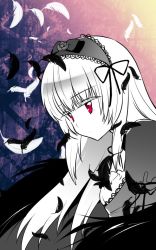 Rule 34 | 1girl, feathers, hairband, lolita hairband, long hair, red eyes, rozen maiden, silver hair, solo, suigintou, tama two (fukuya), wings