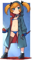 Rule 34 | 1girl, bachera, bikini, black eyes, black footwear, blonde hair, blue bikini, blue gloves, blue pupils, blush, breasts, brown thighhighs, closed mouth, collarbone, commentary request, creatures (company), crowbar, full body, game freak, gloves, grey jacket, hair through headwear, holding, holding crowbar, holding poke ball, hood, hood up, hooded jacket, jacket, long sleeves, navel, nintendo, open clothes, open jacket, original, poke ball, poke ball (basic), pokemon, puffy long sleeves, puffy sleeves, shoes, single thighhigh, sleeves past wrists, small breasts, solo, standing, swimsuit, thighhighs, twintails