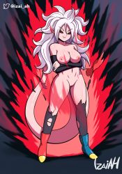 Rule 34 | 2022, absurdres, android 21, arms under breasts, aura, dragon ball, dragon ball fighterz, energy, glowing, heels, highres, izaiah, leggings, long hair, looking at viewer, majin android 21, nipples, pussy, red eyes, tail, torn clothes, white hair