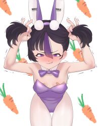 Rule 34 | 1girl, absurdres, animal ears, bandaid, bandaids on nipples, black hair, bow, bowtie, breasts, bunching hair, carrot background, cchiii, cowboy shot, detached collar, fake animal ears, goddess of victory: nikke, hair between eyes, highres, leotard, looking at viewer, mole, mole under eye, multicolored hair, pasties, playboy bunny, purple bow, purple bowtie, purple eyes, purple hair, purple leotard, rabbit ears, small breasts, solo, streaked hair, syuen (nikke), thigh gap, trembling, twintails, white background