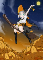 Rule 34 | 1girl, absurdres, arm up, broom, broom riding, from below, full body, full moon, green eyes, halloween, hat, highres, hitotsuki no yagi, jack-o&#039;-lantern, looking at viewer, moon, original, smile, solo, witch, witch hat