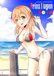 Rule 34 | 10s, 1girl, 2016, :o, absurdres, adapted costume, anchor hair ornament, aqua eyes, beach, bikini, blonde hair, blush, breasts, character name, cleavage, cloud, day, hair ornament, highres, kantai collection, low twintails, medium breasts, navel, ocean, outdoors, poyi (max30788), prinz eugen (kancolle), side-tie bikini bottom, sky, solo, strap gap, string bikini, swimsuit, twintails