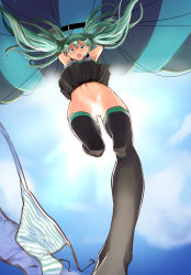 Rule 34 | 00s, 1girl, aqua eyes, aqua hair, arms up, black thighhighs, bottomless, censored, clothes lift, crying, day, embarrassed, falling, from below, hatsune miku, highres, knees, legs, light censor, long hair, long legs, navel, no panties, novelty censor, panties, unworn panties, parachute, pino (hetare1023), side-tie panties, skirt, skirt lift, sky, skydive, solo, sun, thighhighs, thighs, twintails, underwear, vocaloid, wardrobe malfunction