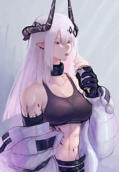 Rule 34 | 1girl, :p, abs, arknights, bare shoulders, black choker, black gloves, breasts, choker, cleavage, collarbone, colored eyelashes, commentary, crop top, food, gloves, grey background, hair between eyes, hand up, highres, holding, holding food, horns, ice cream, ice cream cone, long hair, long sleeves, material growth, medium breasts, midriff, mudrock (arknights), mudrock (elite ii) (arknights), navel, off shoulder, oripathy lesion (arknights), pointy ears, red eyes, sarashi, silver hair, solo, sports bra, stomach, tofucakes, tongue, tongue out, upper body
