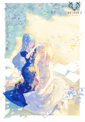 2girls arthur_c bang_dream! bang_dream!_it&#039;s_mygo!!!!! barefoot blonde_hair blue_dress blue_hair border braid closed_eyes closed_mouth commentary dress highres long_hair medium_hair misumi_uika multiple_girls open_mouth sidelocks sleeveless sleeveless_dress togawa_sakiko white_border white_dress yuri