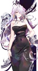 Rule 34 | 1girl, absurdres, bare arms, bare shoulders, black choker, black dress, breasts, choker, cocoballking, commentary request, commission, covered navel, cowboy shot, dress, earrings, highres, hoop earrings, jewelry, long hair, looking at viewer, medium breasts, original, pixiv commission, purple eyes, purple hair, solo, standing, strapless, strapless dress, very long hair, white background