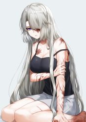 Rule 34 | 1girl, barefoot, black camisole, blue eyes, breasts, burn scar, camisole, cleavage, commentary, feet out of frame, grabbing own arm, grey background, hair over one eye, highres, long hair, looking down, medium breasts, original, parted bangs, parted lips, scar, scar across eye, scar on face, shorts, silver hair, simple background, sitting, solo, strap slip, very long hair, waka (shark waka)