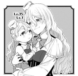 Rule 34 | 2girls, aged down, baby, blush, braid, breasts, carrying, detached sleeves, french braid, greyscale, hair between eyes, hat, holding, holding baby, kantai collection, level difference, long hair, long sleeves, mini hat, monochrome, multiple girls, parted lips, pola (kancolle), simple background, smile, tanaka io (craftstudio), upper body, wavy hair, zara (kancolle)