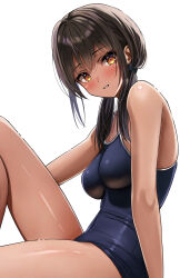 Rule 34 | 1girl, black hair, blue one-piece swimsuit, breasts, brown eyes, commentary request, competition school swimsuit, feet out of frame, highres, long hair, low twintails, medium breasts, one-piece swimsuit, original, school swimsuit, sitting, solo, swimsuit, tan, twintails, yukemuriganmo