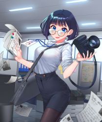 Rule 34 | bag, black pantyhose, blue eyes, blue hair, blue necktie, blurry, blurry foreground, bob cut, bracelet, breasts, camera, collared shirt, cowboy shot, depth of field, eyebrows hidden by hair, flying paper, formal, glasses, handbag, highres, id card, indoors, jewelry, kam-ja, looking at viewer, map (object), medium breasts, miniskirt, necktie, office, office lady, open mouth, original, pantyhose, paper, pencil skirt, photocopier, shirt, shirt tucked in, short hair, skirt, skirt suit, sleeves rolled up, smile, solo, suit, tight skirt, walking, white shirt, wing collar