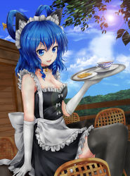 Rule 34 | 1girl, alternate costume, animal ear fluff, animal ears, apron, arm support, back bow, bare shoulders, bell, biscuit (bread), black dress, black thighhighs, blue eyes, blue hair, bow, breasts, cat ears, chair, cleavage, cloud, collar, collarbone, commentary request, cup, day, dress, drill hair, dutch angle, elbow gloves, enmaided, feet out of frame, gloves, hair ornament, hair rings, hair stick, halo, highres, holding, holding tray, hyoumon (saihokutan), kaku seiga, kemonomimi mode, leaf, lens flare, looking at viewer, maid, maid apron, maid headdress, medium breasts, medium hair, neck bell, open mouth, petticoat, plate, railing, saucer, sitting, sitting on table, sky, smile, solo, sun, tea, teacup, thighhighs, touhou, tray, tree, v-shaped eyebrows, white bow, white gloves, wooden railing