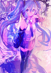 Rule 34 | 1girl, :/, absurdres, aqua eyes, aqua hair, black necktie, black skirt, black thighhighs, cherry blossoms, cherry tree, detached sleeves, finger to mouth, hatsune miku, headphones, highres, kaamin (mariarose753), lake, long hair, looking at viewer, miniskirt, necktie, skirt, standing, standing on liquid, thighhighs, twintails, vocaloid