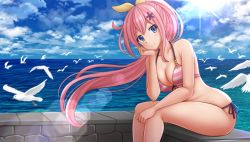 Rule 34 | 1girl, animal, bare arms, bare shoulders, bikini, bird, blue eyes, blue sky, blush, breasts, cleavage, closed mouth, cloud, cloudy sky, collarbone, commentary, day, feet out of frame, hair between eyes, halterneck, hand up, highres, horizon, kazenokaze, leaning forward, long hair, medium breasts, ocean, ochikobore fruit tart, outdoors, pink hair, ponytail, sakura ino, side-tie bikini bottom, sitting, sky, smile, solo, striped bikini, striped clothes, swimsuit, very long hair, water