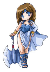 Rule 34 | 1girl, axe, bad id, bad pixiv id, blue eyes, brown hair, cape, diane, diane (monster maker), full body, gloves, hand on own hip, headband, hip focus, long hair, monster maker, okuri ookami, sandals, simple background, skirt, smile, solo, weapon, white background, wrist cuffs