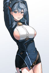 Rule 34 | 1girl, absurdres, ai-bon, ako (blue archive), arms behind head, bell, black hairband, blue archive, blue eyes, blue hair, blush, breasts, earrings, feet out of frame, hairband, highres, jewelry, large breasts, long hair, long sleeves, looking at viewer, neck bell, open mouth, parted lips, sideboob, solo, standing, uniform, white background