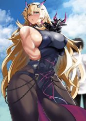 Rule 34 | 1boy, 1girl, arm under breasts, armor, bare shoulders, biceps, black dress, black gloves, blonde hair, blue sky, blurry, blurry background, breasts, chain, chaldea uniform, covered navel, dress, earrings, elbow gloves, barghest (fate), barghest (second ascension) (fate), fate/grand order, fate (series), fujimaru ritsuka (male), gauntlets, gloves, green eyes, heterochromia, highres, horns, jewelry, kawabata yoshihiro, large breasts, long hair, looking to the side, muscular, muscular female, open mouth, pantyhose, pauldrons, pelvic curtain, red eyes, revision, shoulder armor, sideboob, single gauntlet, single pauldron, sky, solo focus, thick thighs, thighs, very long hair